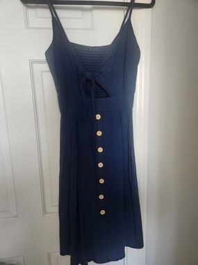 Navy Tie-Front Button Midi Dress